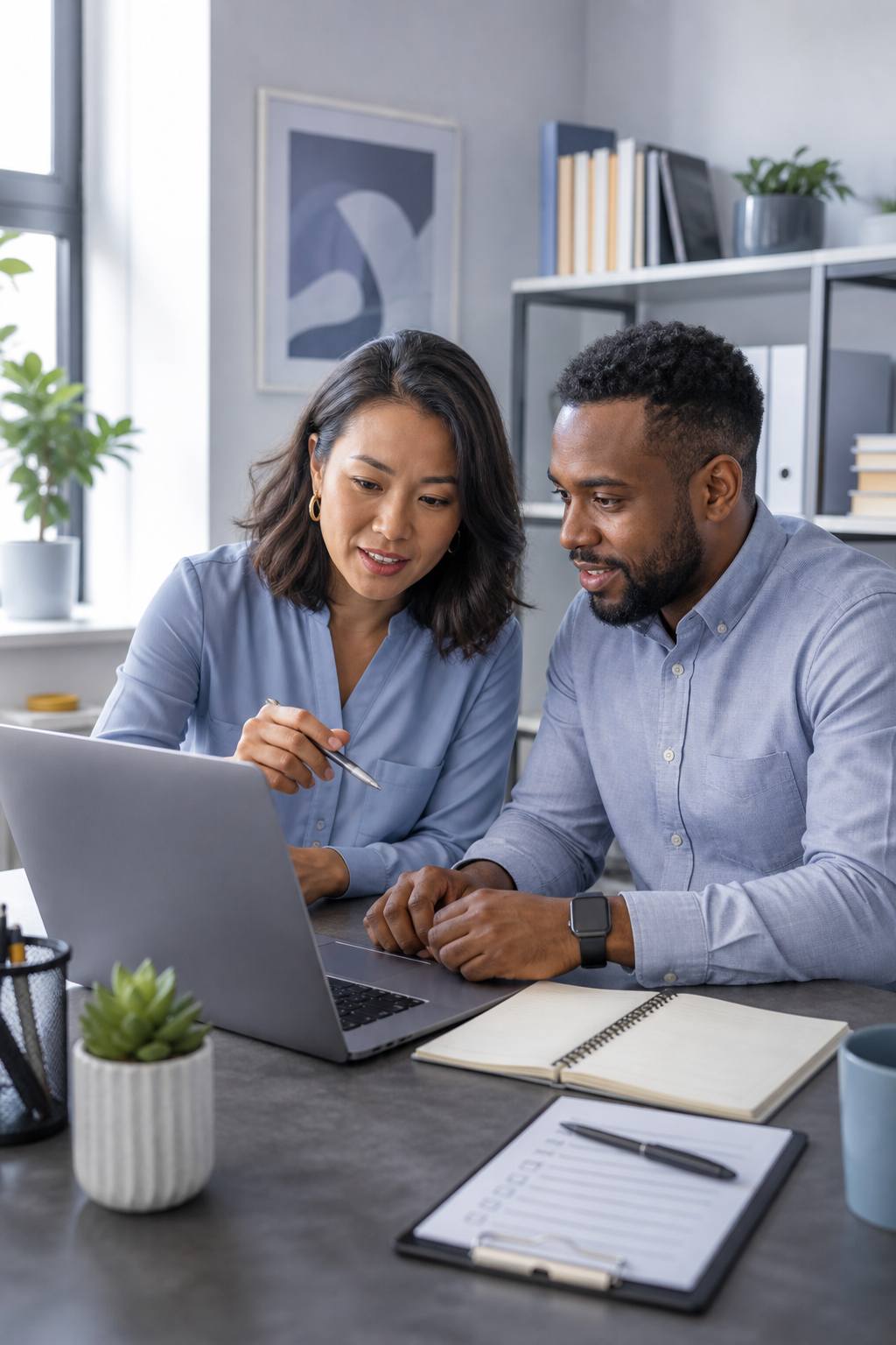 Business professionals reviewing digital and operations work together